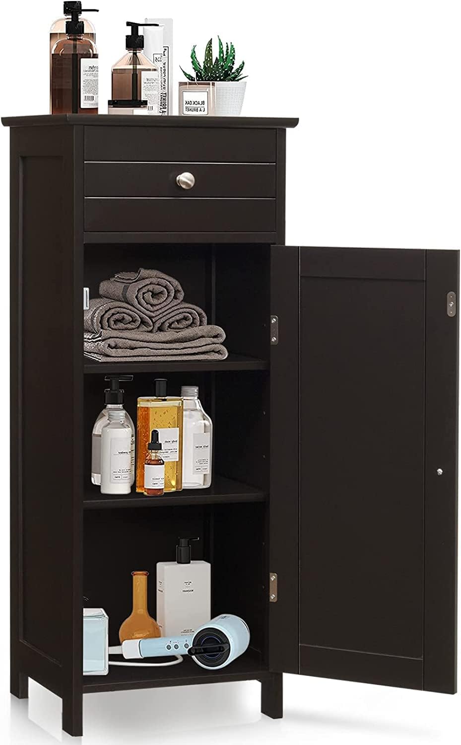 HAPPYGRILL Bathroom Floor Cabinet, Single Door Floor Storage Cabinet Organizer with Drawer and 3-Level Adjustable Shelves, Bathroom Cabinets Freestanding with Anti-Tipping Device for Living Room