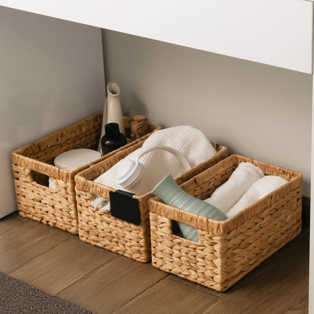 KOKODO Pack 3 Medium Wicker Storage Baskets with Chalkboard, Stylish and Durable Water Hyacinth Rectangle Handwoven Basket Bin with Metal Frame & Handle for Room Organizing