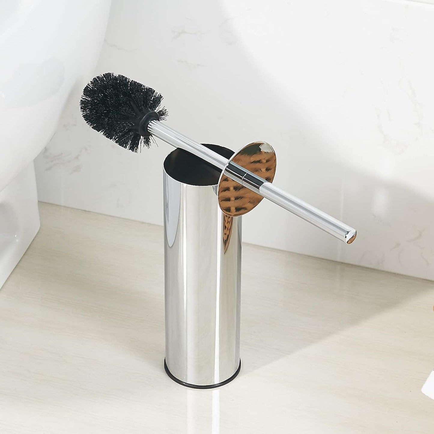 Toilet Brush and Holder Set Chrome Stainless Steel, 304 Heavy Duty Round Toilet Brush Set – Rust Resistant, Long Handle, Replacement Heads, Floor Standing Bathroom Toilet Cleaning Brush