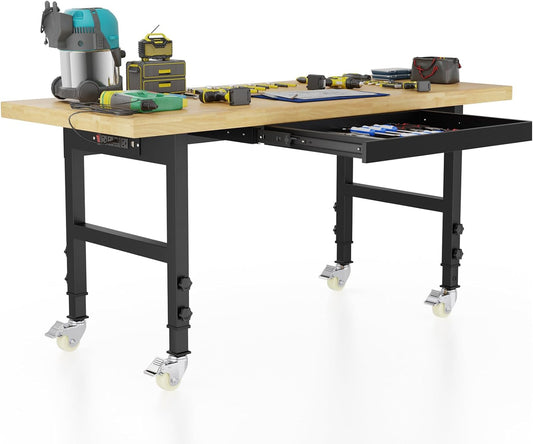 60" Adjustable Workbench with Wheels and Drawer, Rolling Work Bench Table with Power Outlet, Metal Tool Bench Work Bench for Garage, Large Load Capacity Garage Workbench for Workshop,Office,Home