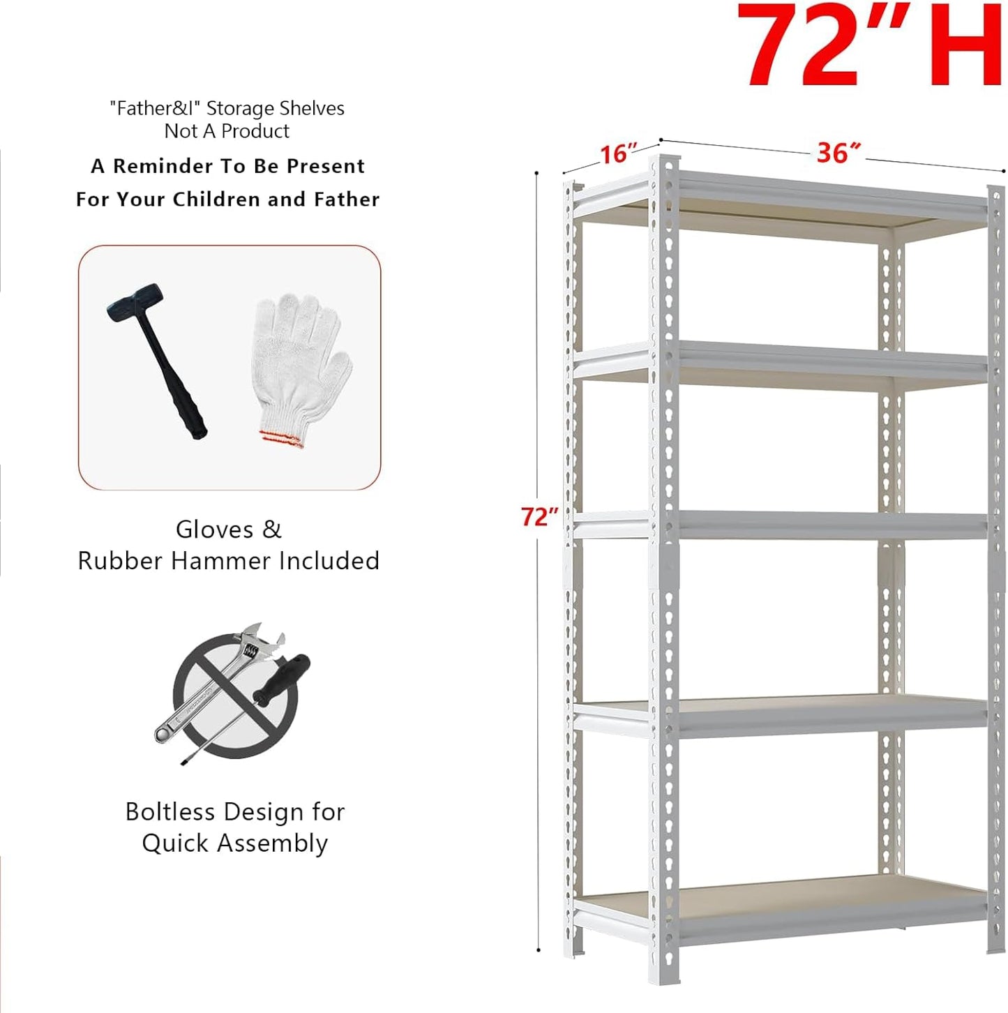 36"W "Father&I" 5-Shelf Industrial Metal Steel Garage/Tote Storage Shelves Heavy-Duty Adjustable Rack: Tall Shelving Units Organizer for Closet/Basement/Pantry/Shop/School 72"H*36W*16"D, White