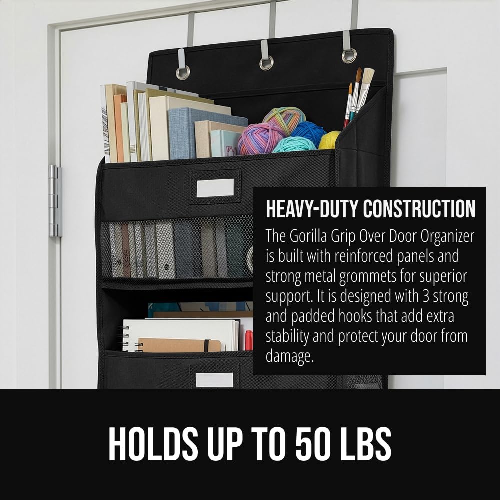 GORILLA GRIP Large Capacity Closet Organizer, 5 Deep Shelves, Holds 50lbs, Over the Door Organizers 6 Mesh Pockets, Shelf Storage for Clothes Crafts Dorm Essentials, 3 Metal Hooks, 58x15 Inches, Black