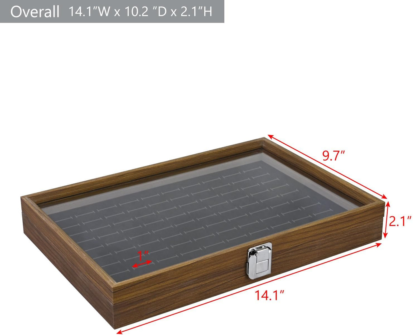 MOOCA Ring Box Jewelry Display Tray, Display Case Accessories Storage Box with Tempered Glass Hinge Lid, Black Lined Jewelry Tray for Rings, Walnut/Black Color, 14.1W x 10.2D x 2.1H in