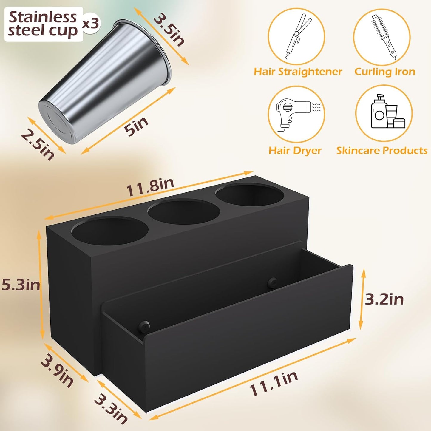 Hair Tool Organizer, Detachable Acrylic Hair Dryer Holder for Bathroom, Hair Styling Accessories Curling Iron Hot Tools Organizer with 3 Cups, Countertop Vanity Storage (Matte Black)