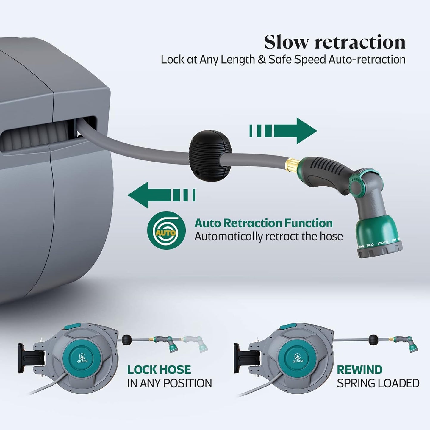 130 ft x 1/2" Retractable Garden Hose Reel, Heavy Duty Water Hose Reel Wall Mounted, Any Length Lock, 180°Swivel, Water Hose with 10-Function Nozzle for Cleaning, Watering (Green)