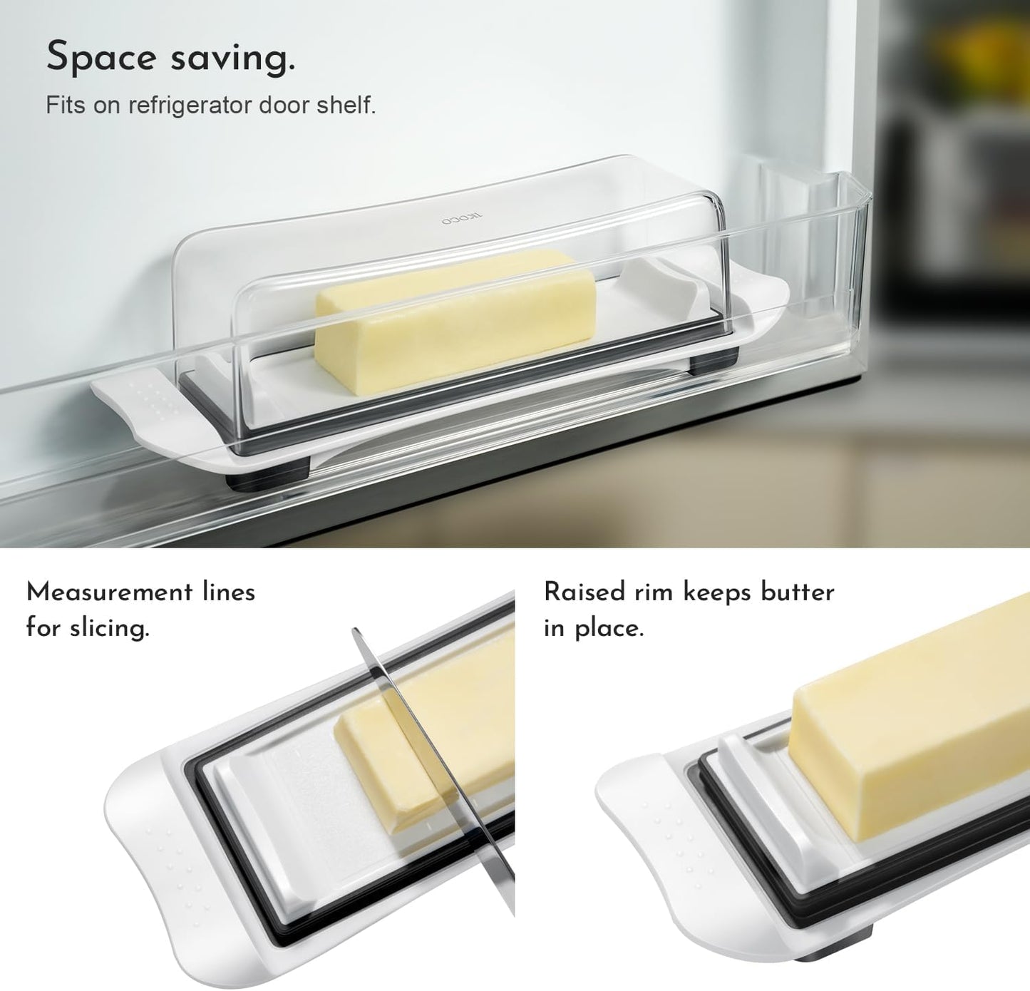 Butter Dish, IKOCO Airtight Butter Dish with Lid for Countertop and Refrigerator, Dishwasher Safe Butter Holder Container for Eastern and Western Butter, White