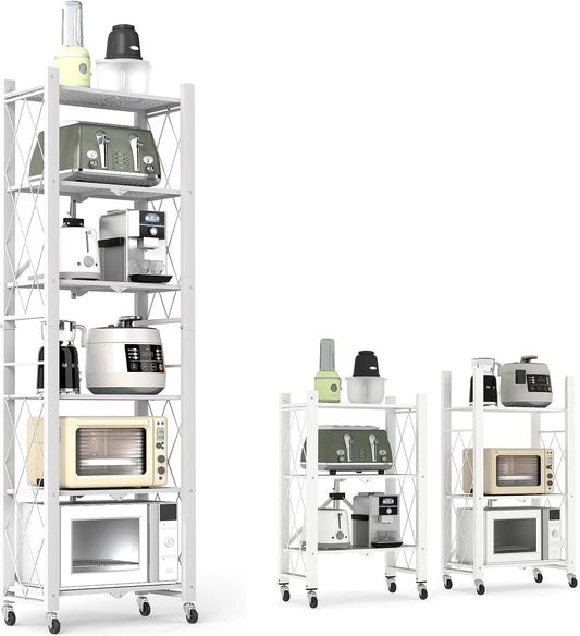 6-Tier Foldable Storage Shelves with Wheels, Folding Metal Shelf Unit, Folding Bookshelf no Assembly, Collapsible Shelves for Craft Shows for Kitchen, Bedroom, Living Room, White