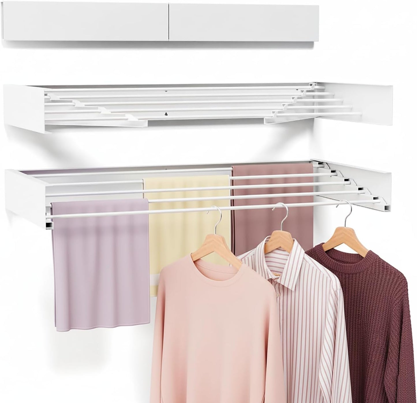 Wall Mounted Drying Rack for Laundry 31.5'', Folding Drying Rack Clothing Wall Mount with 5 Rods, Space Saving for Indoor Outdoor Bathroom Balcony (White 31.5")
