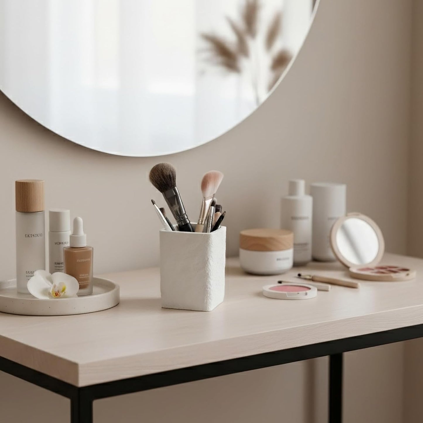 White Stone-Look Toothbrush Holder for Bathroom, Natural Rough Stone Textured, Unbreakable Heavy Bathroom Cup, Vanity Countertop Organizer for Makeup Brushes