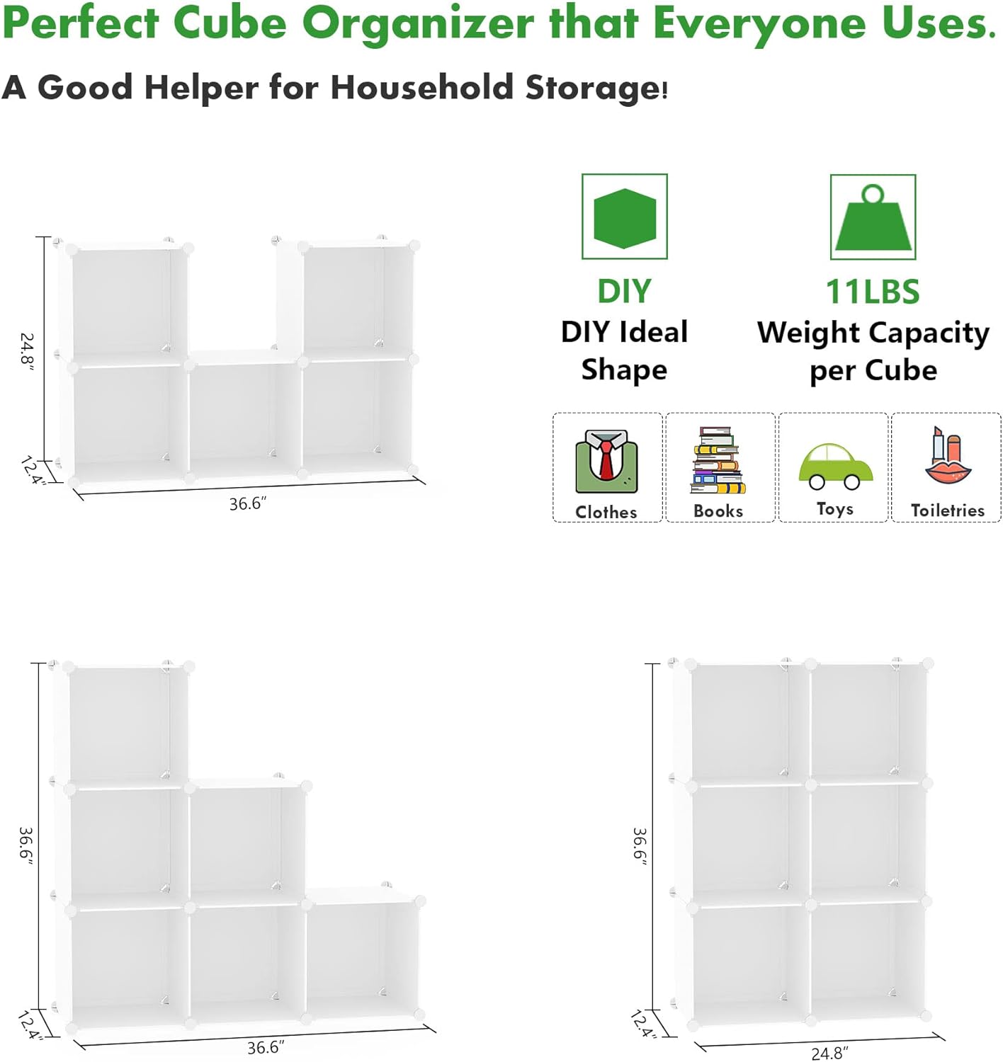 C&AHOME 6-Cube Storage Organizer, Stackable Storage Cubes Shelves, Portable Bookshelf, Plastic Clothing Storage Closet Organizer, DIY Modular Shelving Units for Wardrobe, Home, Milky