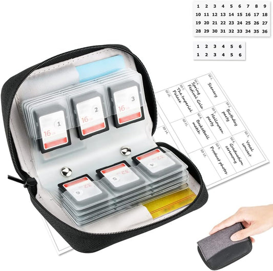 AWS Memory Card Case Holder: 28 Slots for 24 SD SDXC SDHC + 4 CF XQD - Portable Organizer with Labels - Grey