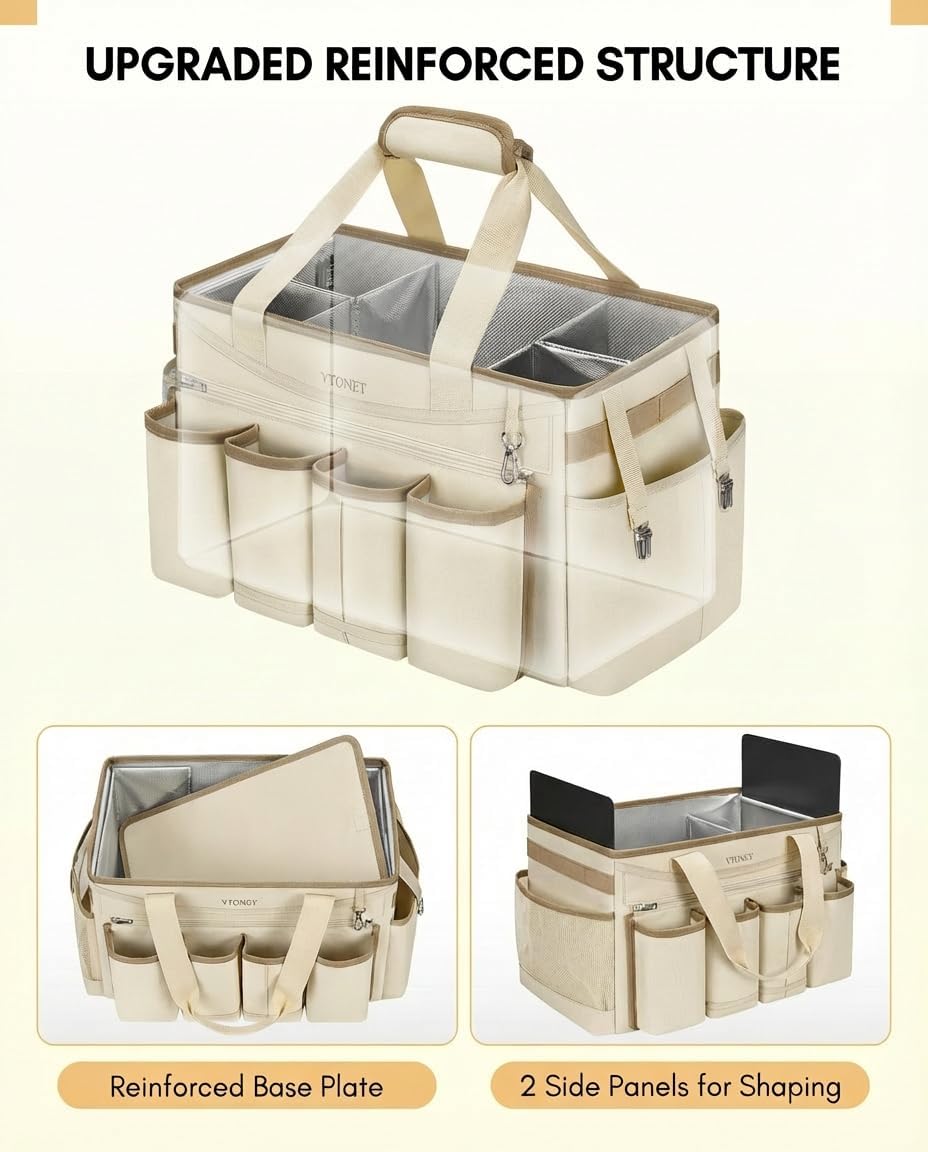 Ytonet Cleaning Caddy Bag with Detachable Apron, Extra Large Cleaning Supplies Organizer with Foldable Dividers, Portable Cleaner Tote with Handle, Cleaner Caddy for Kitchen, Detailing Bag, Apricot