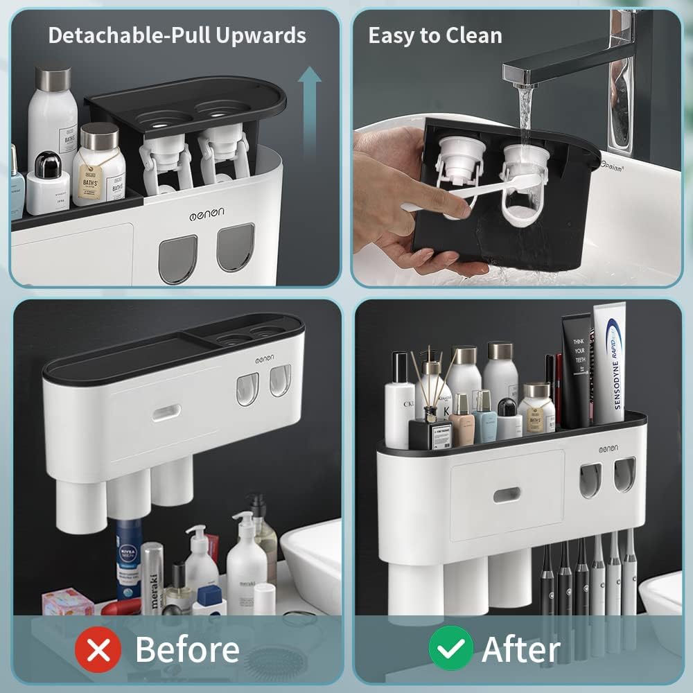 Toothbrush Holders Wall Mounted, Toothbrush Holder with Automatic Toothpaste Dispensers, 6 Brush Slots, 3 Magnetic Cups,1 Cosmetic Drawer Organizer and 1 Large Storage Tray