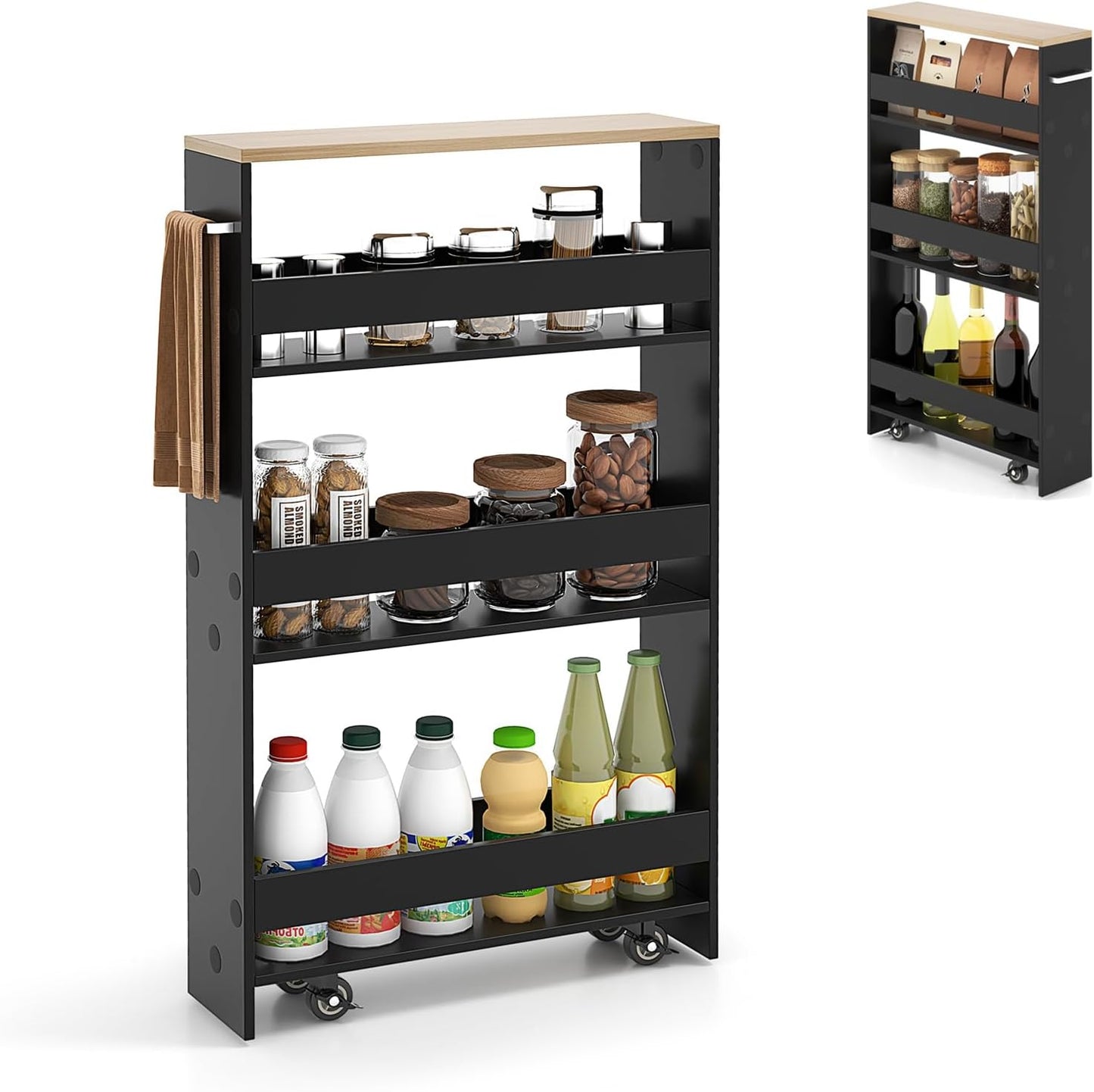 Slim Storage Cart, 4 Tier Rolling Storage Cabinet with 4 Universal Wheels, Convenient Handle, Narrow Laundry Cart for Small Space Bathroom Office