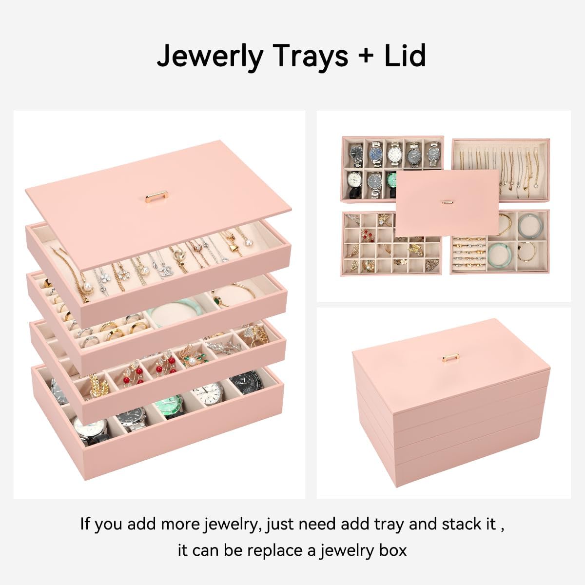 Voova Stackable Jewelry Organizer Tray with Lid, PU Leather Jewelry Storage Holder for Drawer Inserts, Jewellery Display Box Case for Earring Necklace Ring Watch Bracelet (Set of 4, Pink)