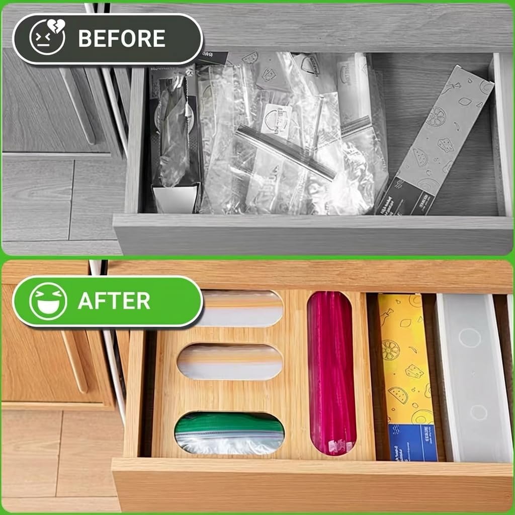 Storage Bag Organizer, Bamboo Ziplock Holder Baggie Organizer for Drawer and Wall Mount, Compatible with Gallon, Quart, Sandwich, Snack,DessertSize Bag (2)