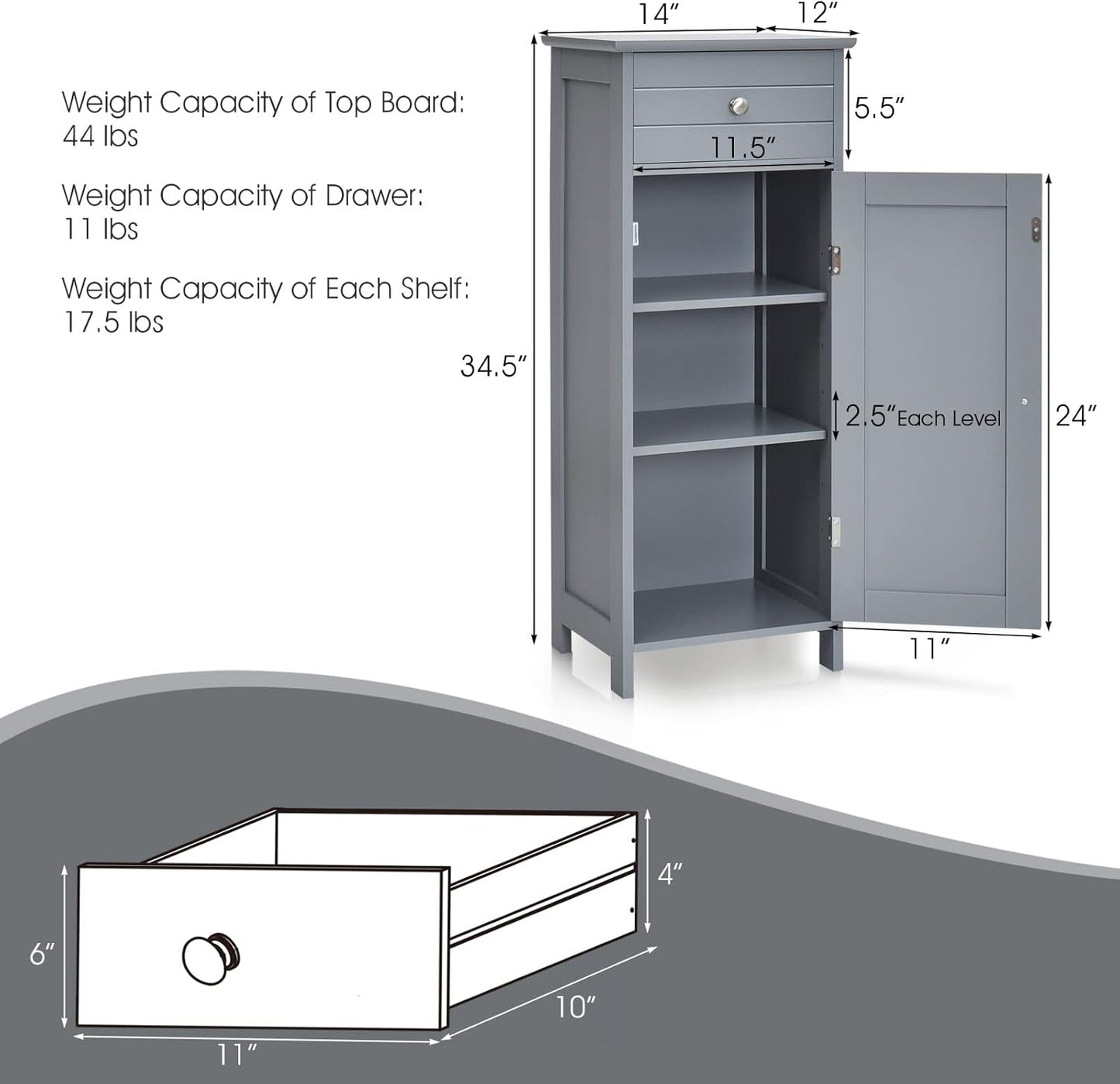 HAPPYGRILL Bathroom Floor Cabinet, Single Door Floor Storage Cabinet Organizer with Drawer and 3-Level Adjustable Shelves, Bathroom Cabinets Freestanding with Anti-Tipping Device for Living Room