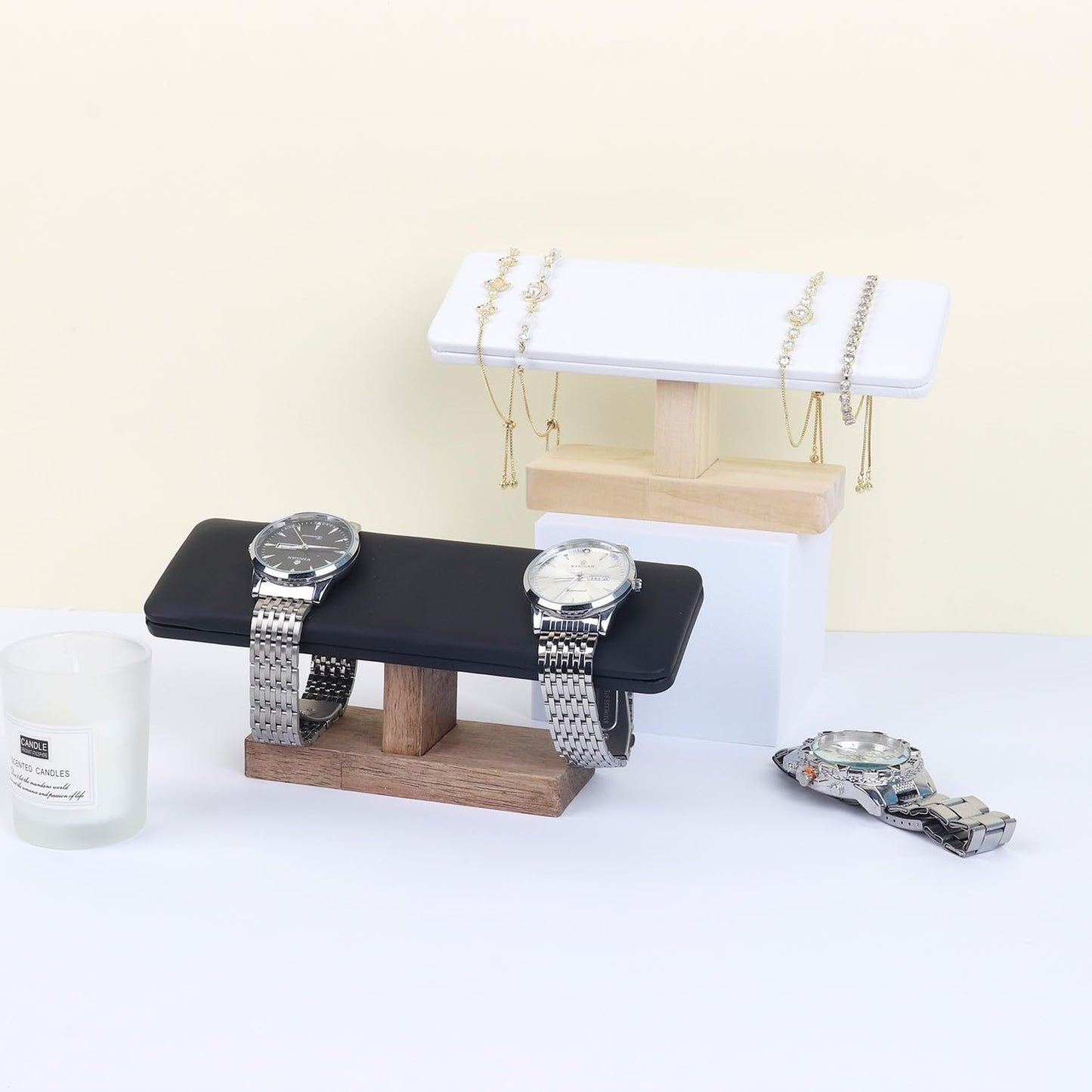 Wooden Watches Display Stands Base Watch Necklace Bracelet Organizer Rack Bangle Scrunchie Headband Showcase Stands Exterior Velvet Black