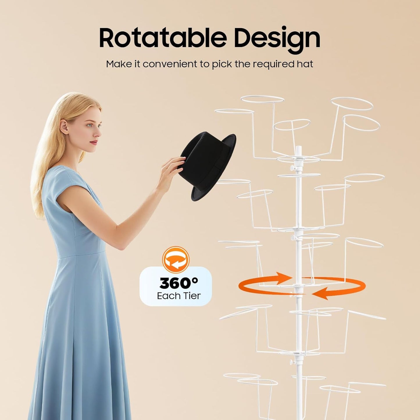 7-Tier Freestanding Hat Rack, 35 Hooks Rotating Hat Display Stand with Wheels, White Metal Hat Holder Organizer for Retail Stores, Home, Hotels Use