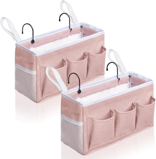 2Pcs Beside Caddy Storage Organizer, Hanging Bag Holder with Pockets for Bedroom, Loft Bed Tent, Bed Curtain, Top Bunk bed Shelf Accessories Bedside Caddy 3-pocket (Pink-2pcs)