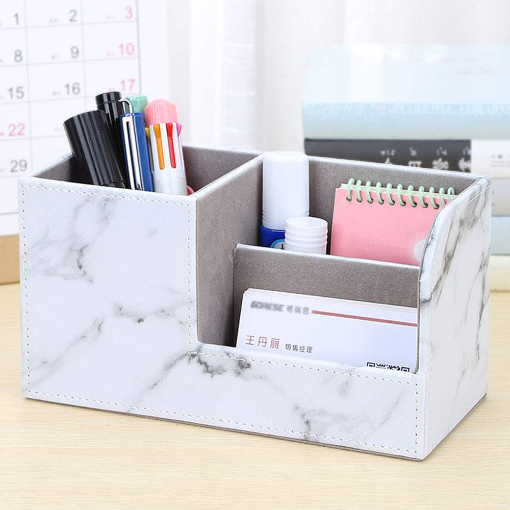 KINGFOM Desk Organizer Office Supplies Caddy Pu Leather Multi-function Storage Box Pen/Pencil,Cell phone, Business Name Cards Remote Control Holder Gray Marble