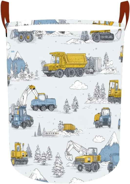Laundry Baskets 15.7x19.7 Inch Construction Truck Mountain Scene Design Collapsible Laundry Hamper with Handles Oxford Fabric Clothes Storage Bin Foldable Dirty Clothes for Bedroom Bathroom Dorm