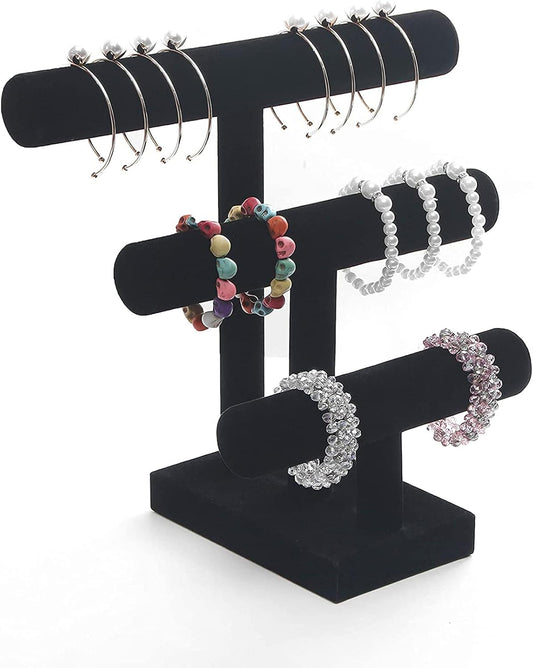 Wuligirl 3 Tier Bracelet Holder T-Bar Jewelry Stand Velvet Jewelry Holder Jewelry Display Bangle Organizer Storage Holder Velvet Black (3T Bar)