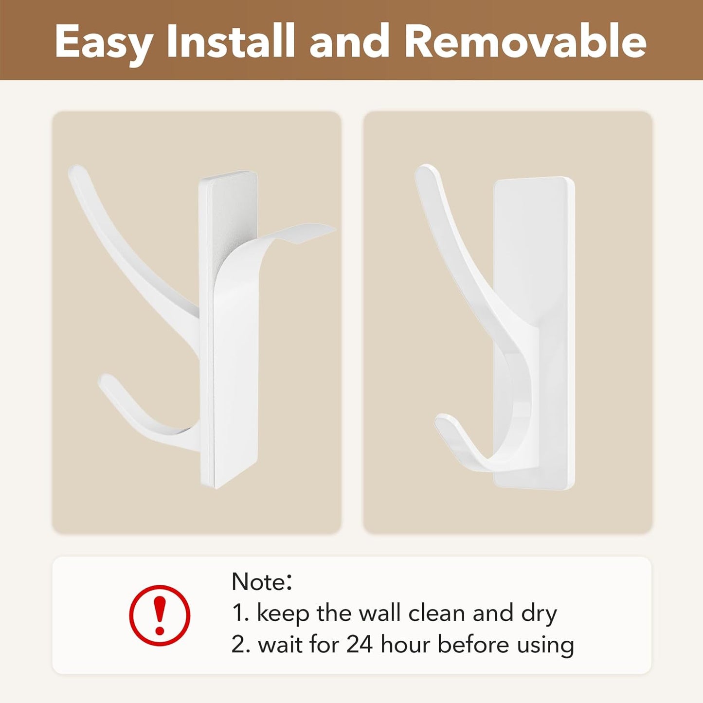 Self Adhesive Coat Hooks for Hanging, Heavy Duty Stainless Double Wall Hook for Towel, Backpack, Hat, Sturdy Metal Hanger for Bathroom, Bedroom, Door, Wall Mounted, 6 Pack, White