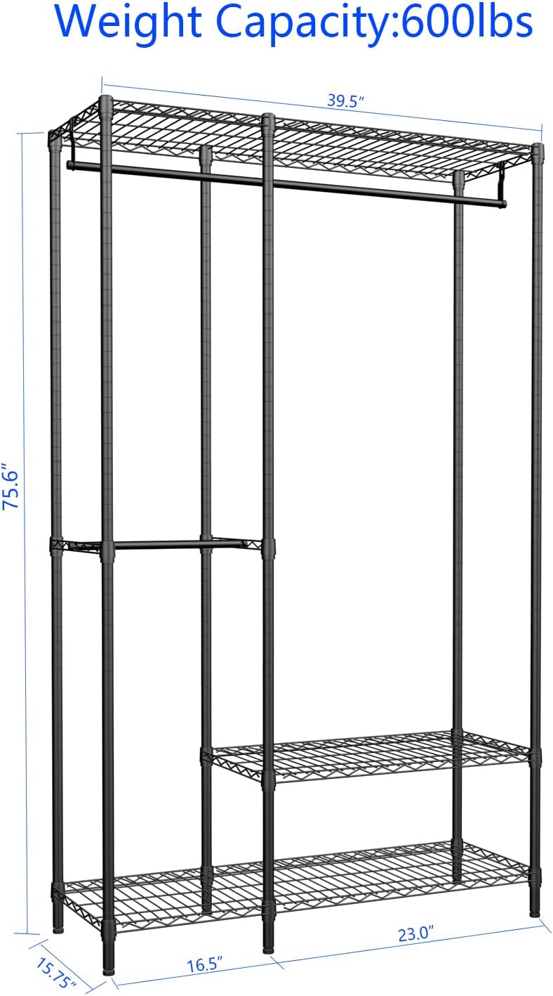 Heavy Duty Garment Rack for Hanging Clothes,Wire Metal Clothing Rack,Adjustable Portable Clothing Rack,Freestanding Open Wardrobe Organizer Rack,39.5"L x 15.75"W x 75.6"H Max Load 600LBS,Black