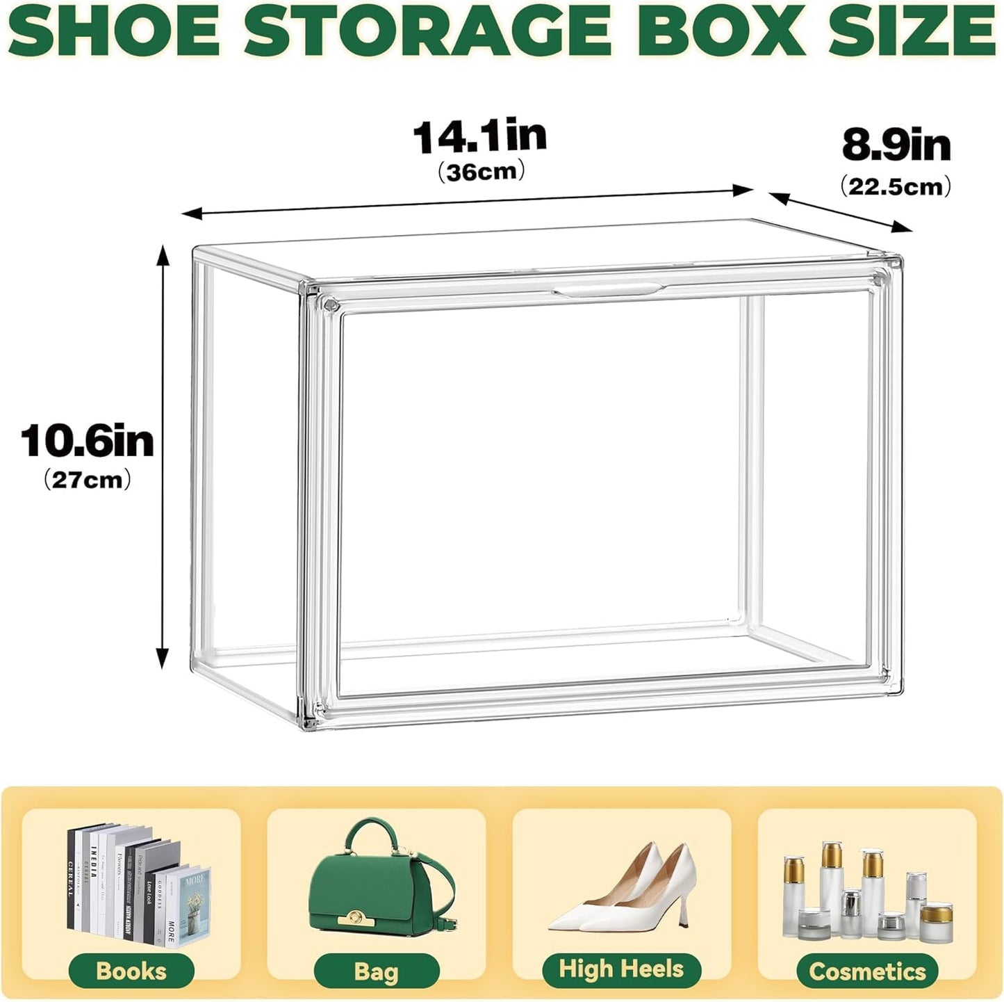 6 Pack X-Large Acrylic Display Case, Size 14 Clear Shoe Box Stackable Sneaker Display Case with Magnetic Lid Multipurpose Storage Bin for Closet for Purses, Handbags, Cosmetics, Collectibles