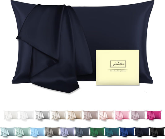 Natural Mulberry Silk Pillowcase for Hair and Skin Queen Size 20"X30" Silk Pillow Case with Hidden Zipper Soft Breathable Smooth Cooling Silk Pillow Covers for Sleeping(Navy Blue,Queen,1Pcs)