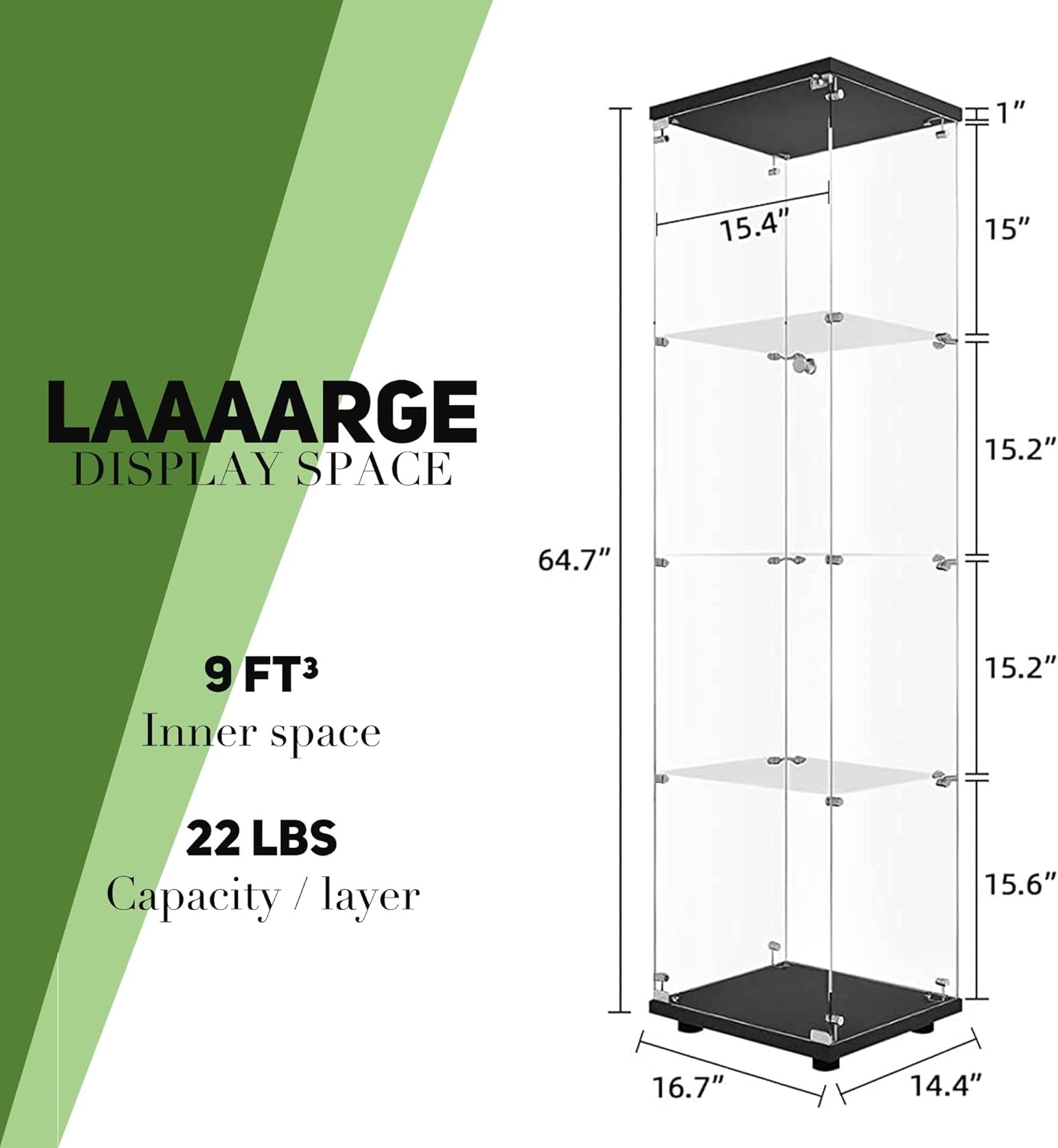 Beauty4U Glass Display Cabinet with 4 Shelves, Curio Cabinets for Living Room, Bedroom, Office, Black Floor Standing Glass Bookshelf, Quick Installation