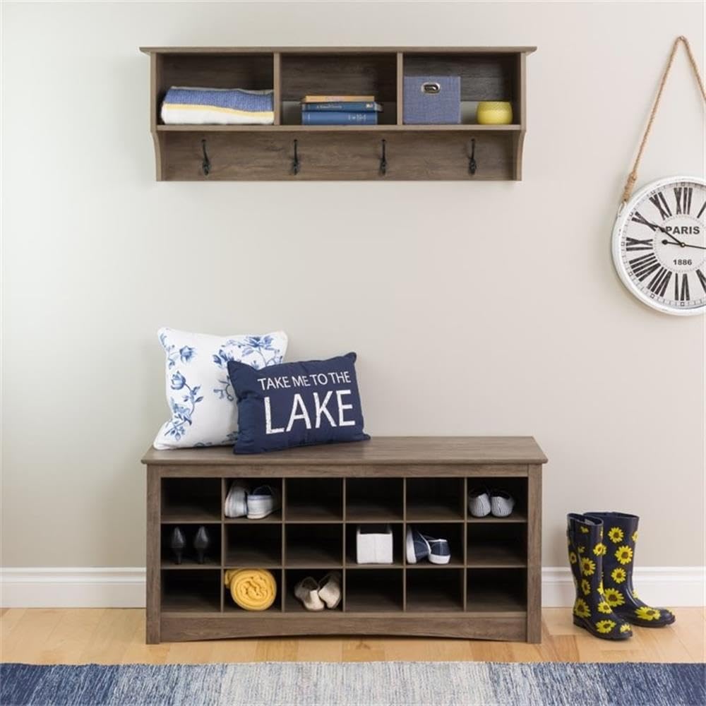 Prepac Drifted Gray 48" Contemporary Wall Mounted Coat Rack, Coat Hooks Wall Mount with 3 Shelves, Ideal for Hallway or Entryway Storage Solution, 11.5"D x 48"W x 14.25"H