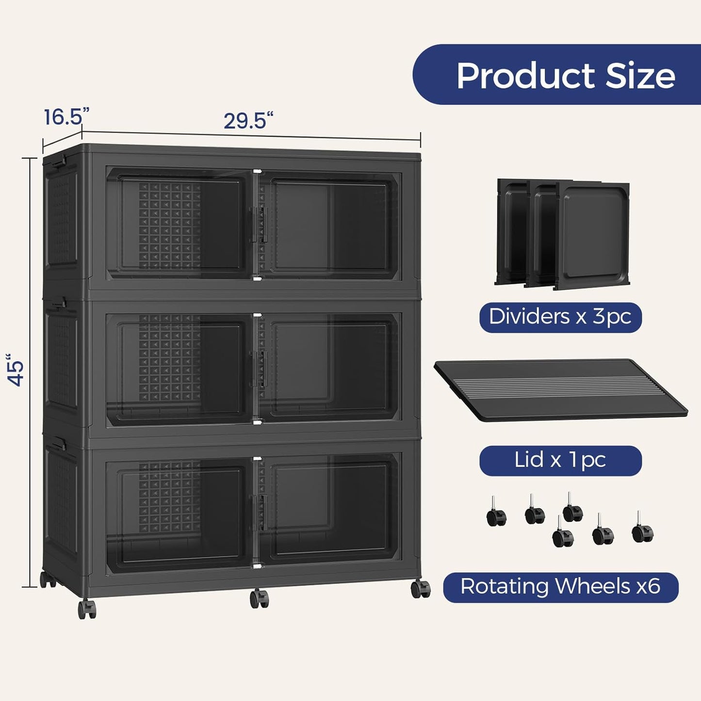 120Gal Stackable Storage Bins with Lid, 480Qt Extra Large Collapsible Storage Box with Wheels, Dividers, Folding Plastic Cabinet Closet Organizers for Home Kitchen Office Dorm, 3Pack Black