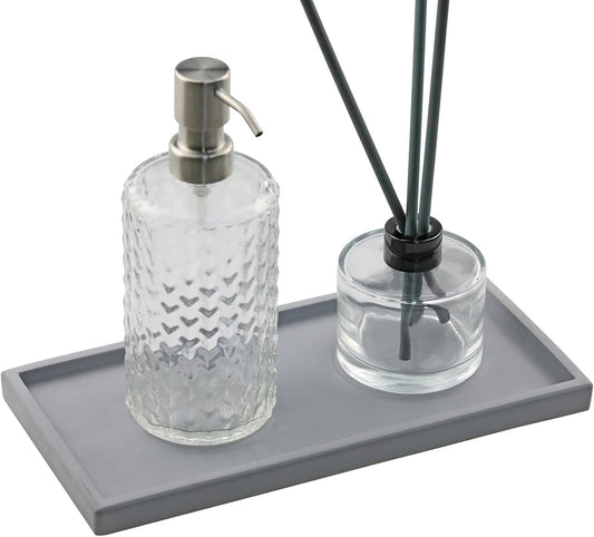 FREELOVE Concrete Countertop and Vanity Tray – Small Soap Dispenser Bottles Makeup Organizer Perfume Candle Key Trinket Ring Holder for Bathroom Toilet Tank Kitchen Sink, Grey, Rectangle 5.3''X11''