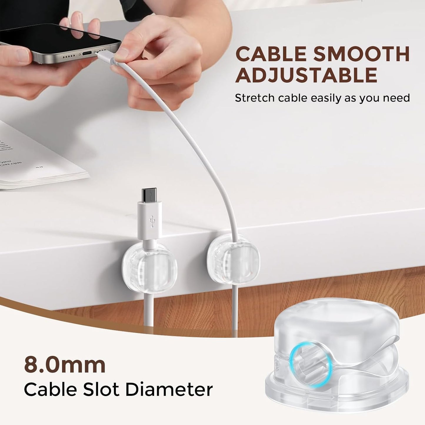 AhaStyle Spring Cable Organizer [1s Lock] 6 Pack Cord Cable Holders Clips Strong Adhesive Cable Cord Keeper [Smooth Adjustable] Hide Wire Cord Organizer for Nightstand Kitchen Car Office (Transparent)