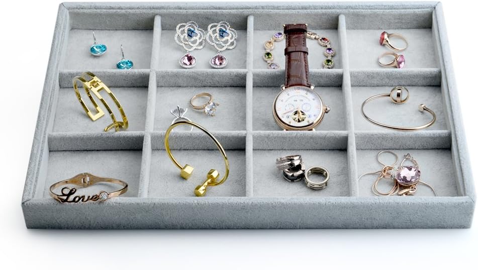 Oirlv Velvet Stackable Jewelry Display Trays 12 Grids Rings Earrings Bracelet Organizer Storage Tray(13.8"x1.29"x9.4")