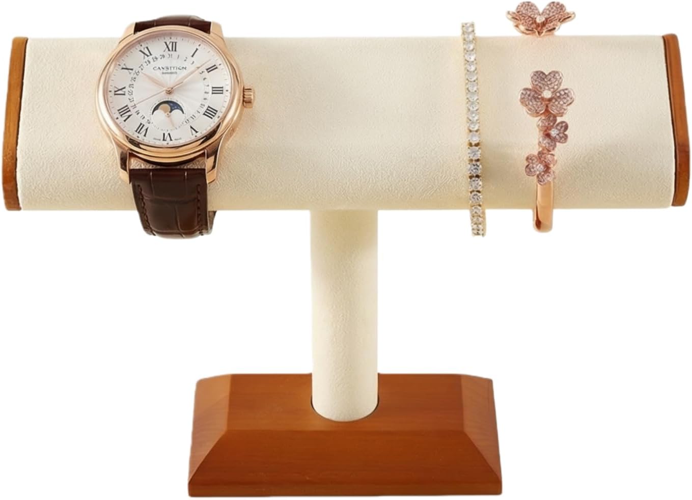 Solid Wood T-bar Watch Display Stand Bracelet Holder Jewelry Tower Organizer Space Saving for Personal Use Vendors Exhibit Trade Shows Retail Stores (Old Lace)