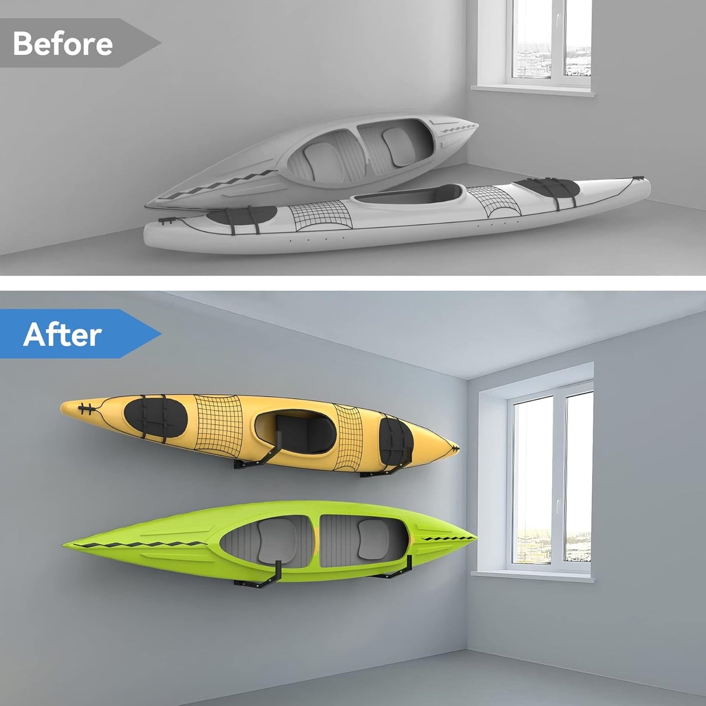 WALMANN Wall Mount Kayak Storage Rack, Kayak Hooks for Garage Wall Hangers for Kayak, Surfboard, Skiis, Snowboard, Paddle Board