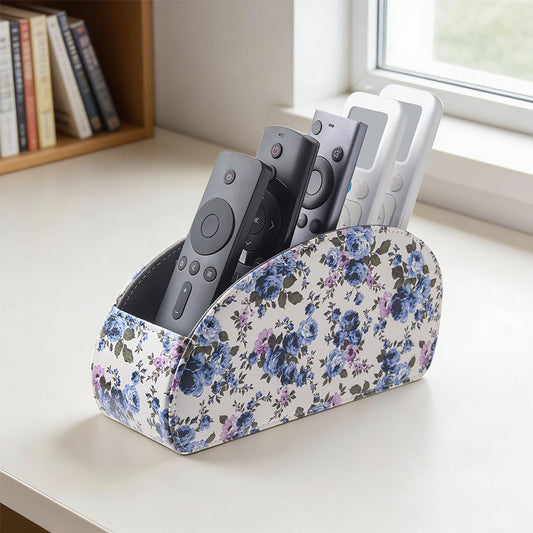 Remote Control Holder with 5 Compartments,PU Leather Remote Holder Compatible with Fire TV Remotes, Media Player Remotes, Heater Controllers, and Air Conditioner Remote Controls(Blue-flowering)
