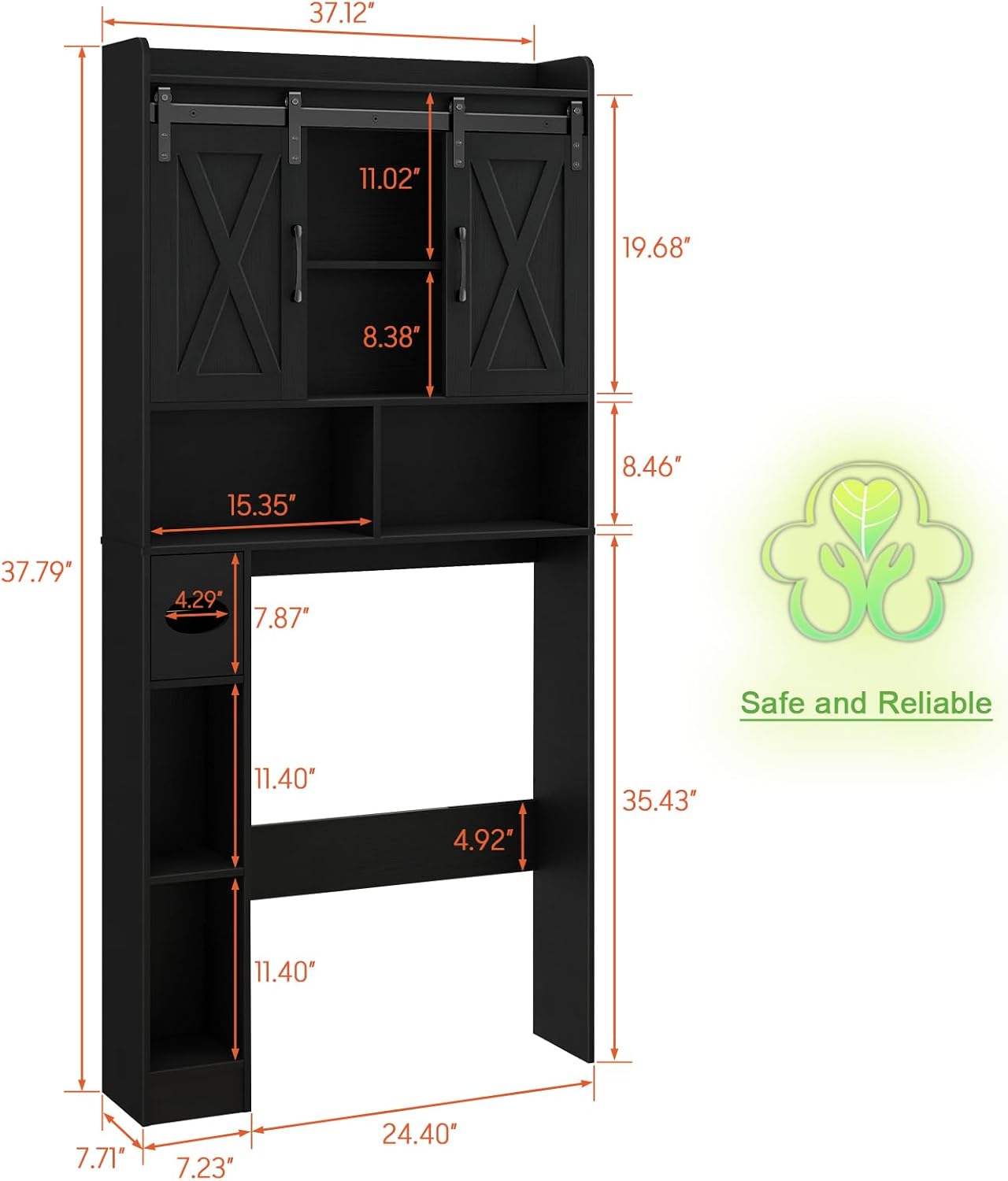 Vabches Over The Toilet Storage Cabinet, Farmhouse Storage Cabinet Over Toilet with Sliding Doors & Toilet Paper Holder Stand，Home Space-Saving Toilet Rack, for Bathroom, Laundry and Restroom.Black