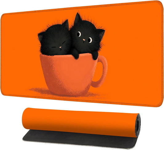 Large Cute Black Cat Mouse Pad, Extended Desk Mat with Non-Slip Base – 31.5 x 11.8 in – Cartoon Kittens in Orange Cup Design, Stitched Edges, Waterproof Gaming Keyboard Pad for Office & Home