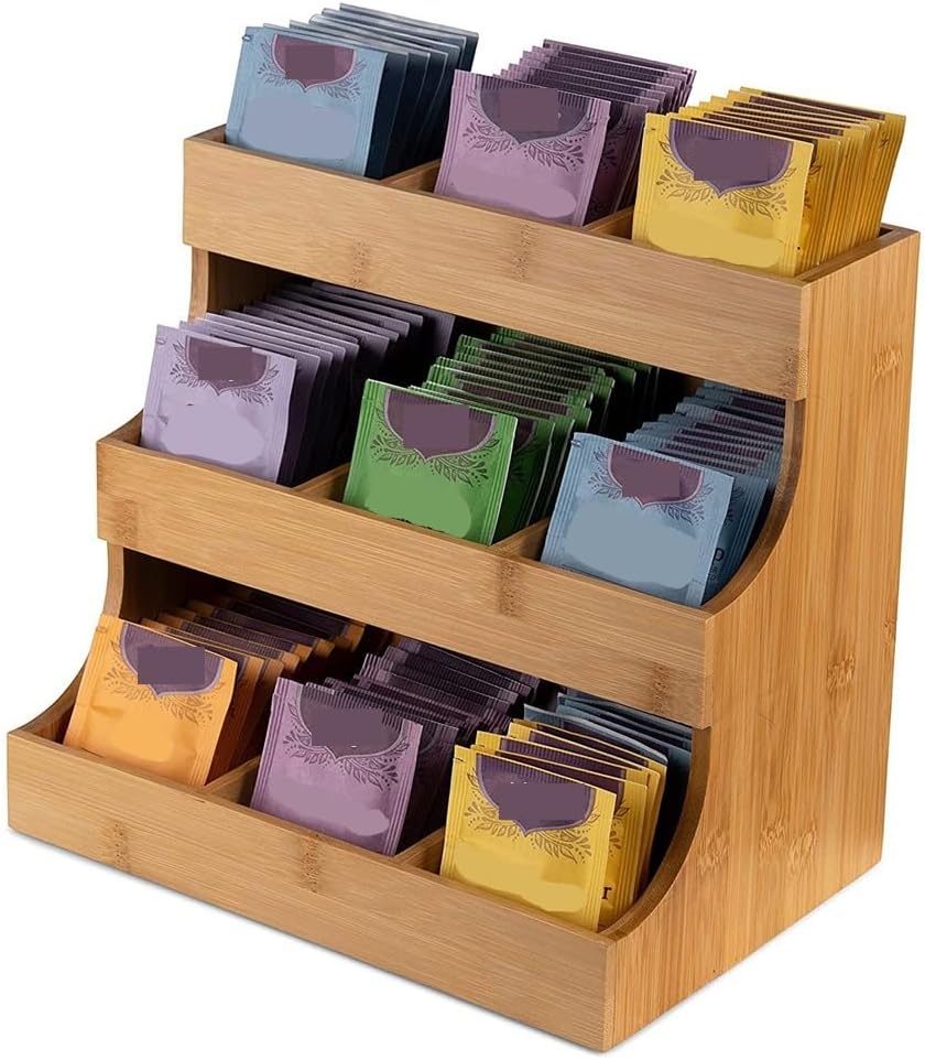 Bamboo Tea Bag Organizer, Practical Tea Bag Holder, Compact Coffee Pod Holder Fits Sugar Packets, Sweeteners, Creamers, Multi-purpose Storage Rack for Home, Kitchen, Office