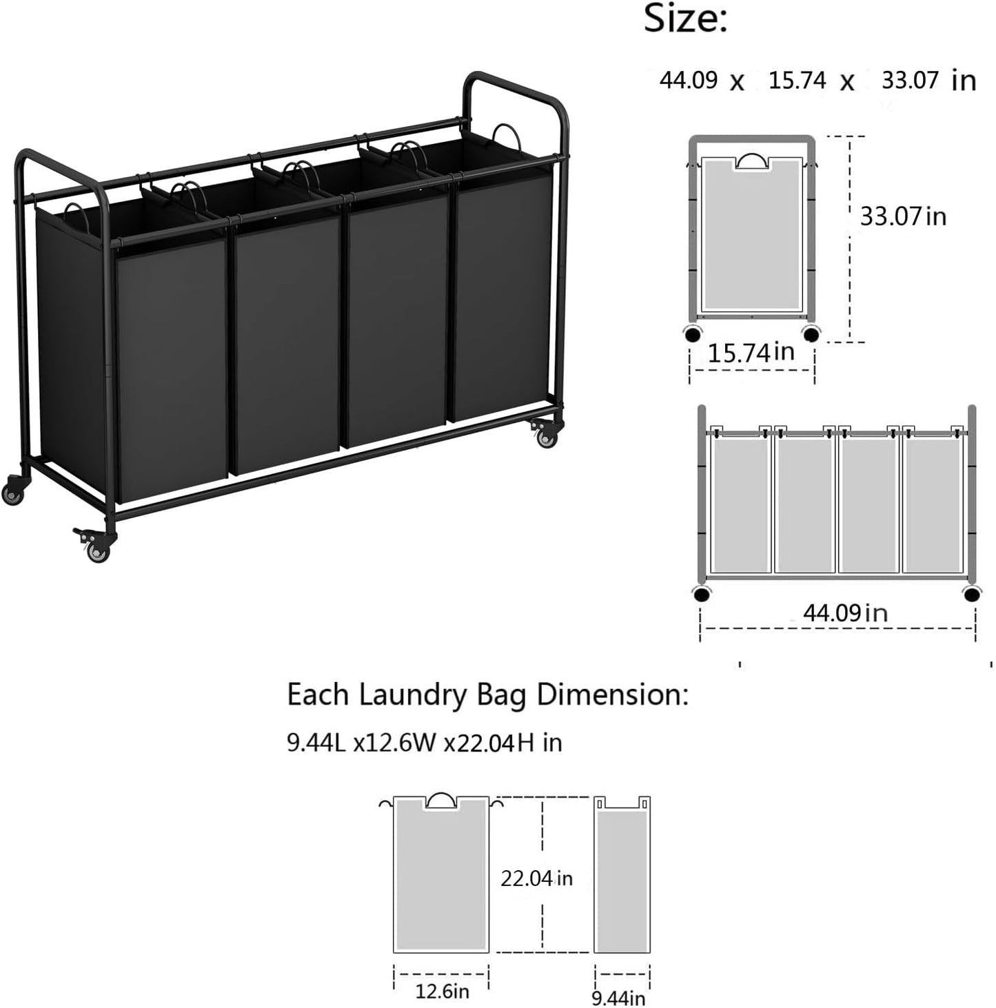 Laundry Sorter 4 Section Hamper Sorter with Heavy Duty Lockable Rolling Wheels Removable Bags Basket Separator for Dirty Clothes Storage,Black
