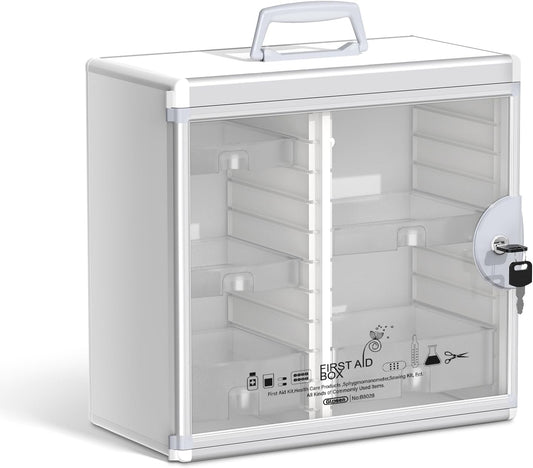 Glosen Medicine Cabinet Locking Medicine Cabinet Wall Mounted【 Silver 13.6 x 13.4 x 6.5 Inch 】 Portable Storage Container Big Capacity