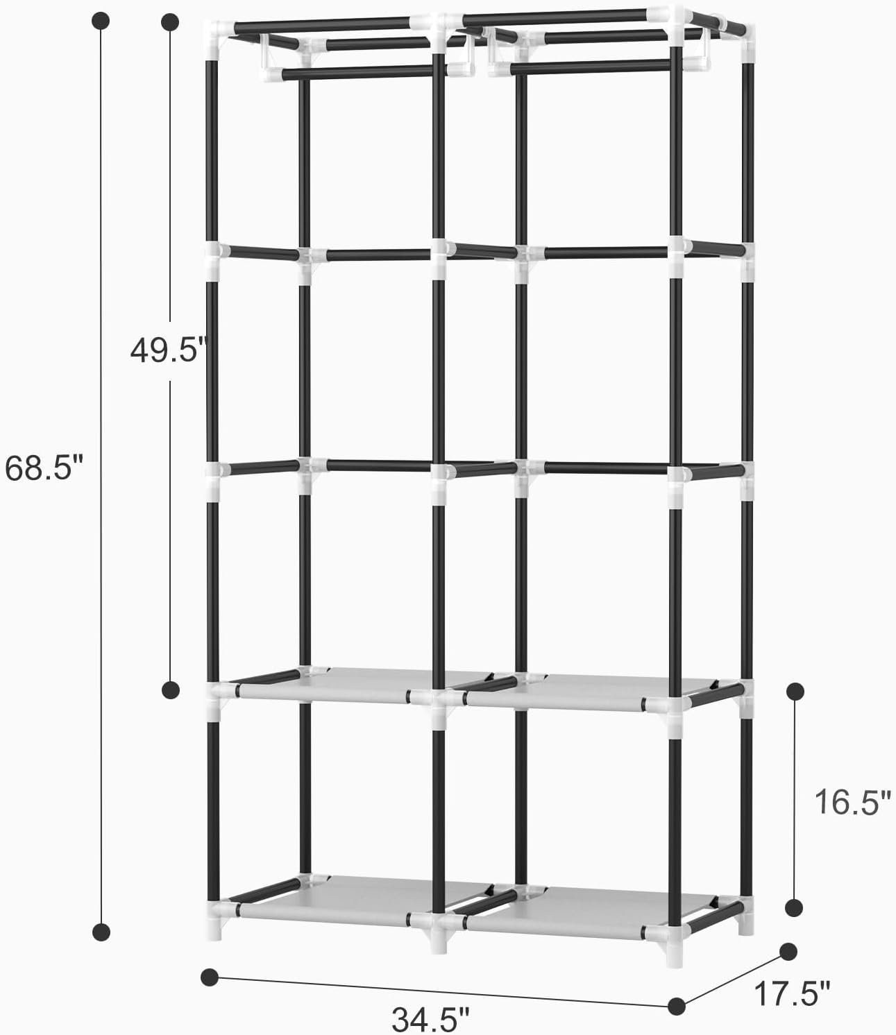 VTRIN Portable Closet Wardrobe for Hanging Clothes with 4 Storage Shelves, 2 Hanging Rods and 6 Pockets, Stable and Easy Assembly Clothes Rack with Cover Free Standing Closet for Bedroom, Grey