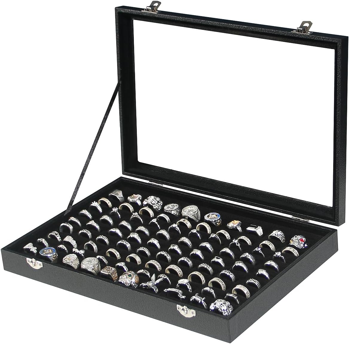 Coward Ring Organizer Jewelry Box, Black Velvet 100 Slots Ring Display Tray Case with Transparent Glass Lid for Home Use or Store Selling Show
