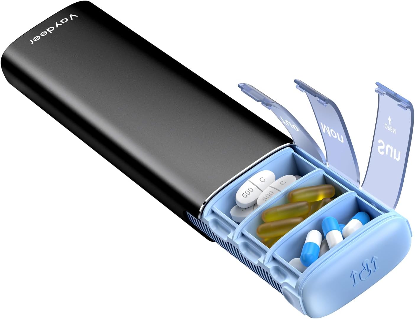 Vaydeer Metal Travel Pill Organizer – Compact Weekly Pill Box for Daily Medication – Portable Small Pill Case for Vitamins, Pills & Supplements (Black)