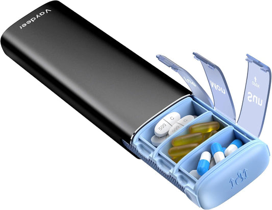 Vaydeer Metal Travel Pill Organizer – Compact Weekly Pill Box for Daily Medication – Portable Small Pill Case for Vitamins, Pills & Supplements (Black)