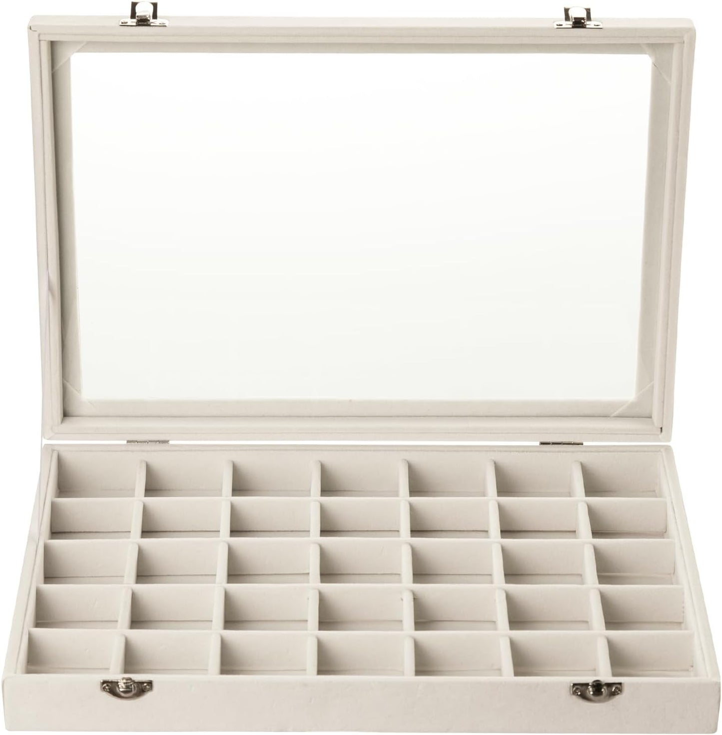 Frebeauty Velvet Jewelry Tray,35 Grid Jewelry Organizer with Clear Lid,Earring Holder Organizer Case with Clasp,Drawer Insert for Rings Studs,13.8 x 9.5 x 2 Inches,Gift for Women Girls(Beige)
